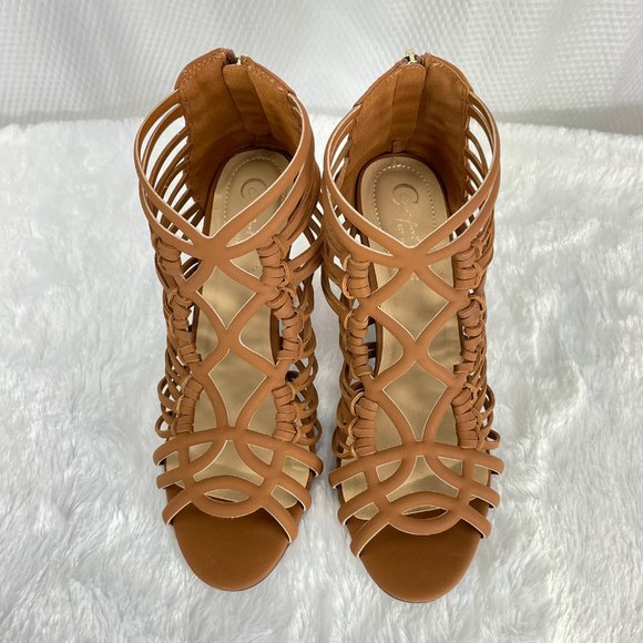 NEW! C COMFORT tan strappy sandal 3" heel zipper back over ankle - SZ 8 - Picture 3 of 10